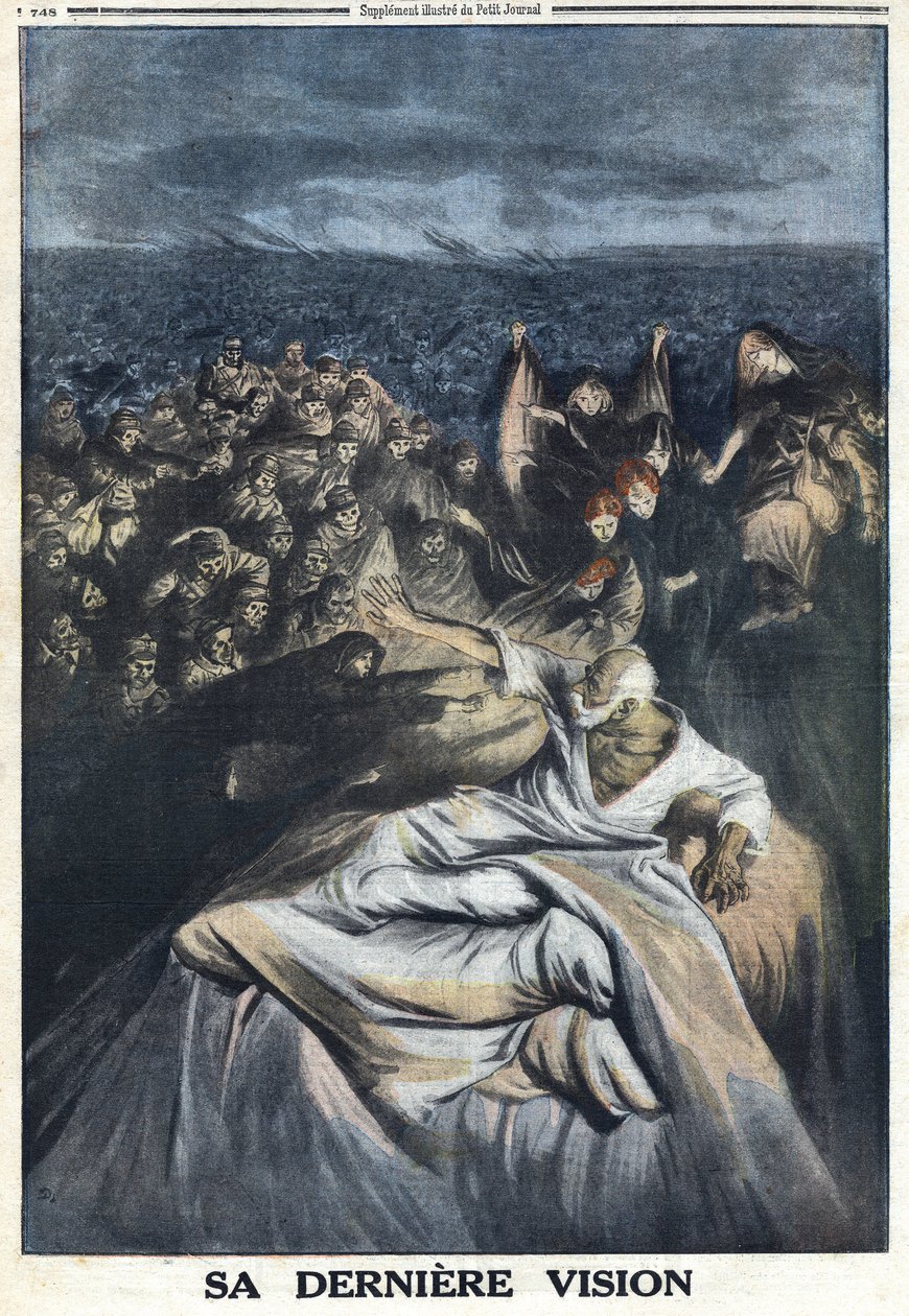 Primeira Guerra Mundial 1914-1918 (Guerra 14-18). Morte de François José I da Áustria (1830-1916). A sua última visão aqui representada torna-o culpado de todos os crimes infames que cometeu. No "Le Petité Journal". de Anonymous Anonymous
