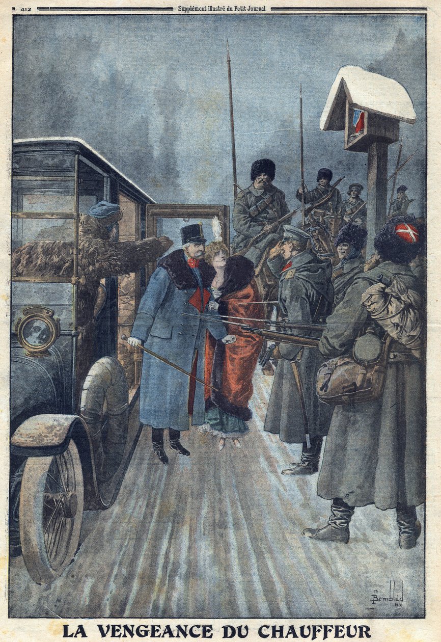 Primeira Guerra Mundial 1914-1918 (Guerra 14-18). Denonce por seu motorista que queria vingar seus maus tratos, o general austríaco Skarbonovich é feito prisioneiro em um campo russo. No "Le Petite Journal", em 20/02/1916. Coleção Privada de Anonymous Anonymous