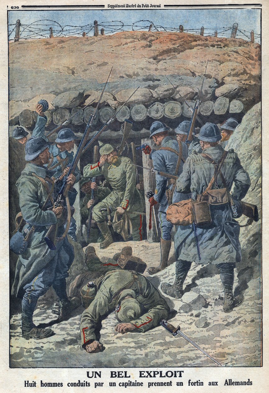 Primeira Guerra Mundial 1914-1918 (Guerra 14-18). Oito soldados do exército francês, liderados por um capitão, tomaram um forte dos alemães. No "Le Petité Journal", a 3/09/1916. Coleção Privada de Anonymous Anonymous