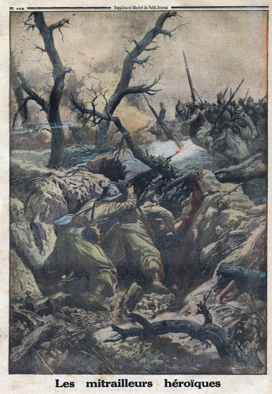 Primeira Guerra Mundial 1914-1918 (Guerra 14-18). Metralhadores franceses a disparar contra o ataque militar alemão. No "Le Petite Journal", a 9/04/1916. Coleção Privada de Anonymous Anonymous