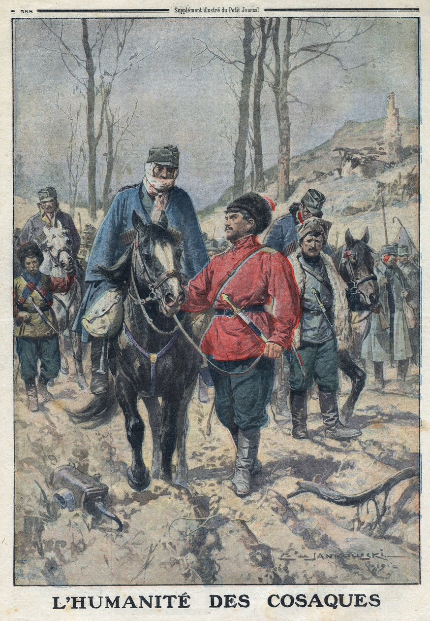Primeira Guerra Mundial 1914-1918 (Guerra 14-18). Os cavalos são emprestados aos doentes ou feridos prisioneiros austríacos do Exército Causac. No "Le Petite Journal", em 23/07/1916. Coleção Privada de Anonymous Anonymous