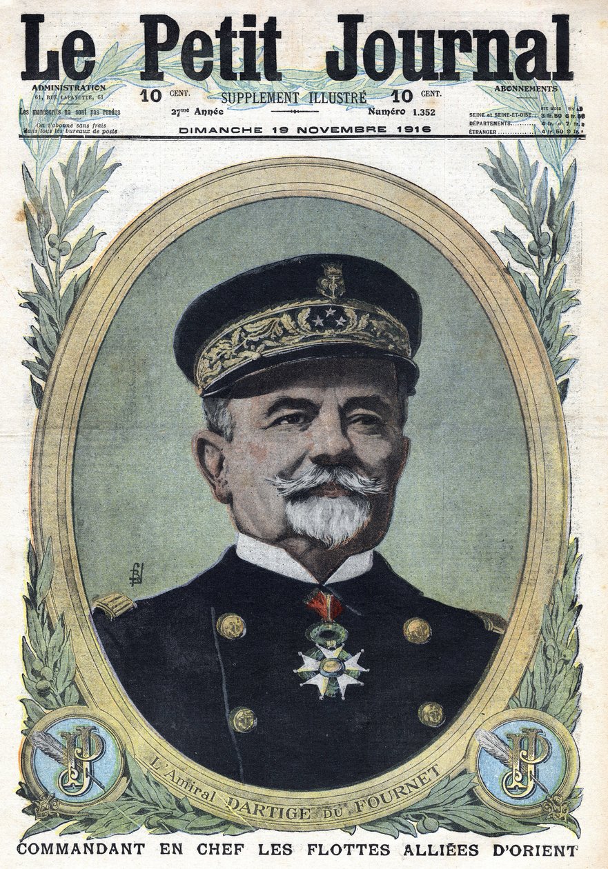 Primeira Guerra Mundial 1914-1918 (Guerra 14-18). Retrato do Almirante Dartige du Fournet Comandante-em-Chefe das Frotas Aliadas do Oriente. No "Le Petite Journal", em 19/11/1916. Coleção Particular de Anonymous Anonymous