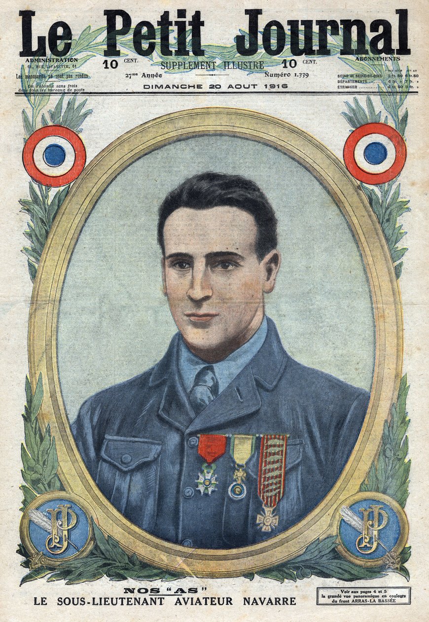 Primeira Guerra Mundial 1914-1918 (Guerra 14-18). Retrato de Jean Navarre (1895-1919) aviador do exército francês. No "Le Petité Journal". de Anonymous Anonymous