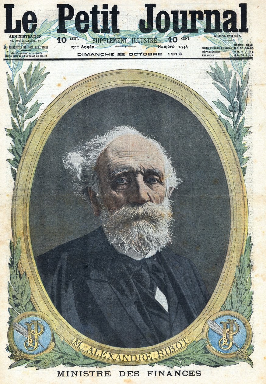 Primeira Guerra Mundial 1914-1918 (Guerra 14-18). Retrato do Ministro das Finanças francês Alexandre Ribot (1842-1923). No "Le Petite Journal", em 22/10/1916. Coleção Privada de Anonymous Anonymous