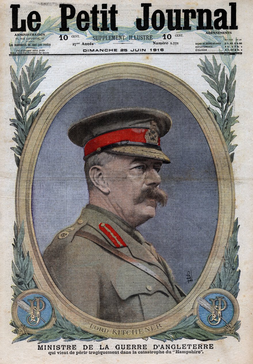 Primeira Guerra Mundial 1914-1918 (Guerra 14-18). Retrato do Ministro da Guerra na Inglaterra Horatio Herbert Kitchener (1850-1916). No "Le Petite Journal", em 25/06/1916. Coleção Particular de Anonymous Anonymous