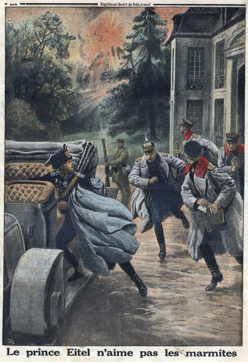 Primeira Guerra Mundial 1914-1918 (Guerra 14-18). O príncipe Eitel Frederic da Prússia (1883-1942) fugiu da aproximação do exército inglês na cidade de Coulommiers. No "Le Petite Journal", em 1/10/1916. Coleção Privada de Anonymous Anonymous
