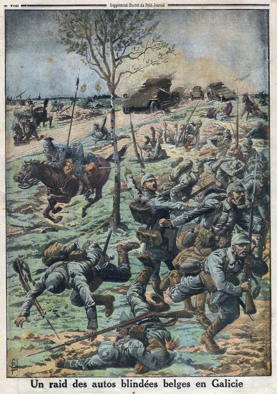Primeira Guerra Mundial 1914-1918 (Guerra 14-18). Raid de carros belgas cegos na Galiza. No "Le Petite Journal", em 29/10/1916. Coleção Particular de Anonymous Anonymous