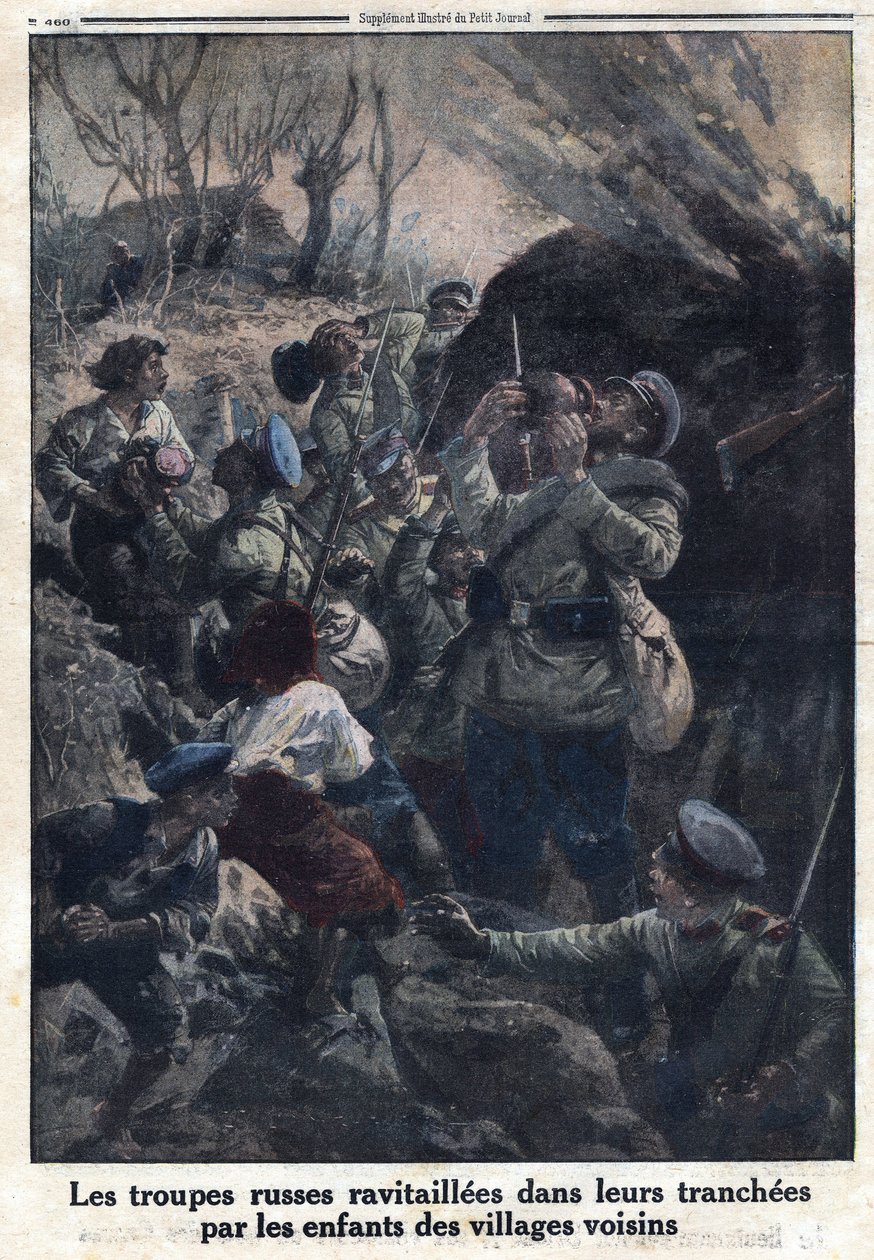 Primeira Guerra Mundial 1914-1918 (Guerra 14-18). Tropas militares russas reabastecidas em suas trincheiras por crianças de aldeias vizinhas. No "Le Petite Journal", em 04/02/1916. Coleção Privada de Anonymous Anonymous