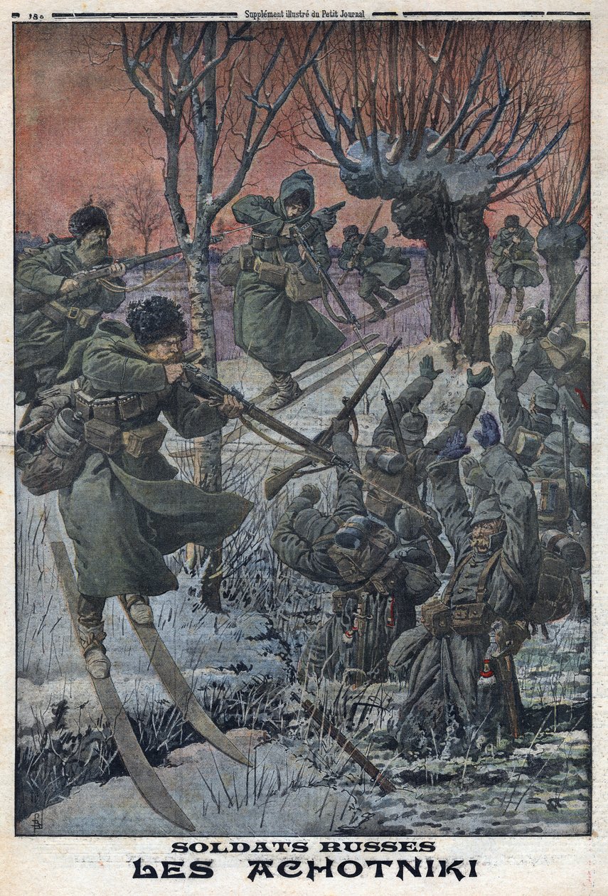 Primeira Guerra Mundial 1914-1918 (Guerra 14-18). Soldados russos Ahotniki em esquis matam soldados alemães. No "Le Petite Journal", em 23/01/1916. Coleção Privada de Anonymous Anonymous