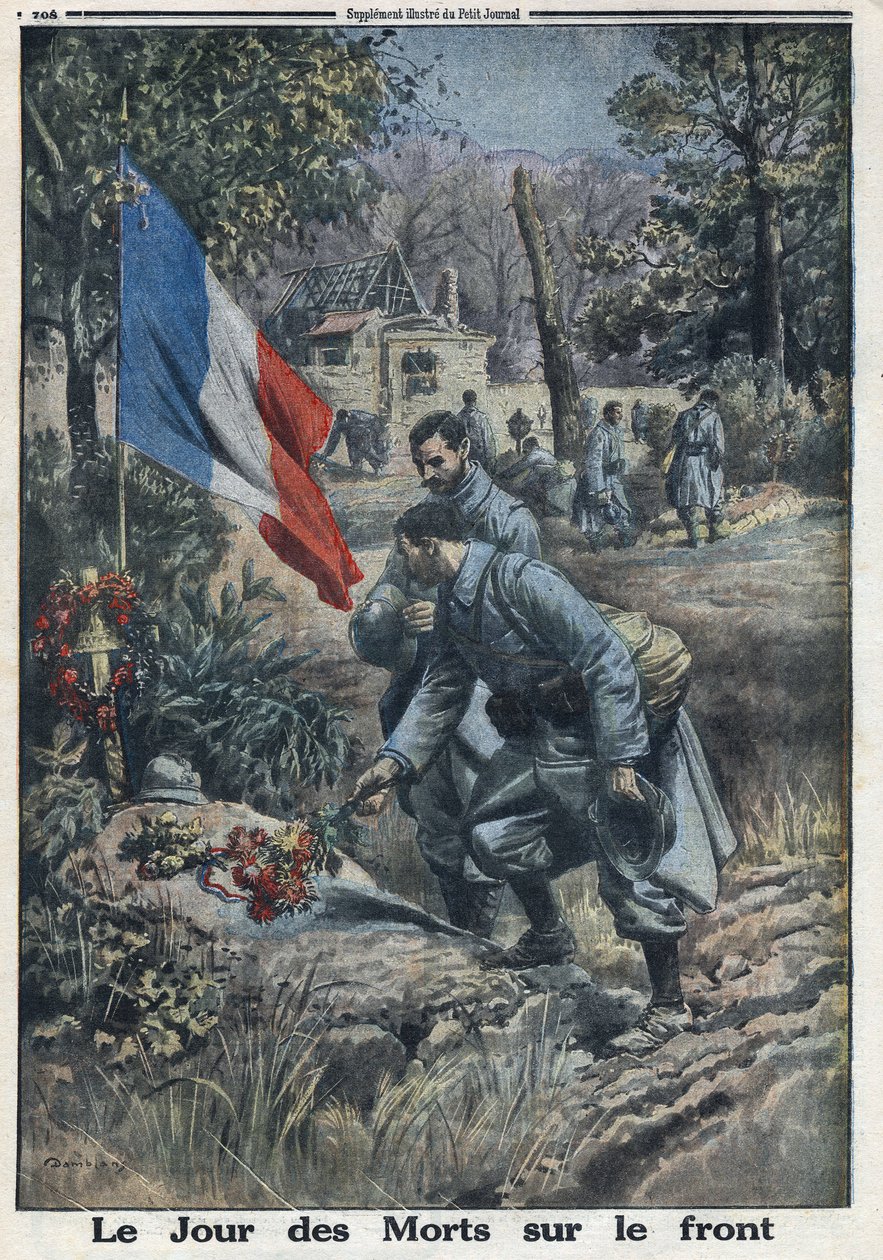 Primeira Guerra Mundial 1914-1918 (Guerra 14-18). O Dia dos Mortos na Frente: Soldados no Dia de Todos os Santos desabrocham a sepultura dos soldados caídos. No "Le Petite Journal", em 5/11/1916. Coleção Privada de Anonymous Anonymous