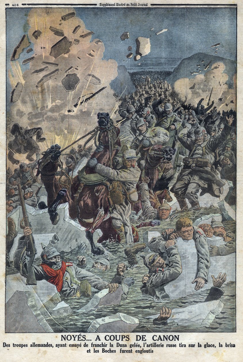 Primeira Guerra Mundial 1914-1918 (Guerra 14-18). O exército alemão tenta atravessar o rio Duna gele mas a artilharia russa disparou sobre o gelo com uma arma e afogou o exército alemão (apelidado de Boche no texto) No "The Petity Journal". de Anonymous Anonymous