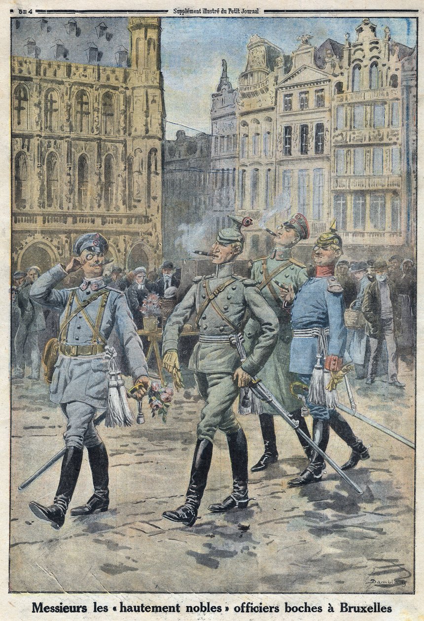 Primeira Guerra Mundial 1914-1918 (Guerra 14-18). Os oficiais alemães em Bruxelas representavam como "altamente nobres boches". No "Le Petite Journal", em 28/05/1916. Coleção Privada de Anonymous Anonymous