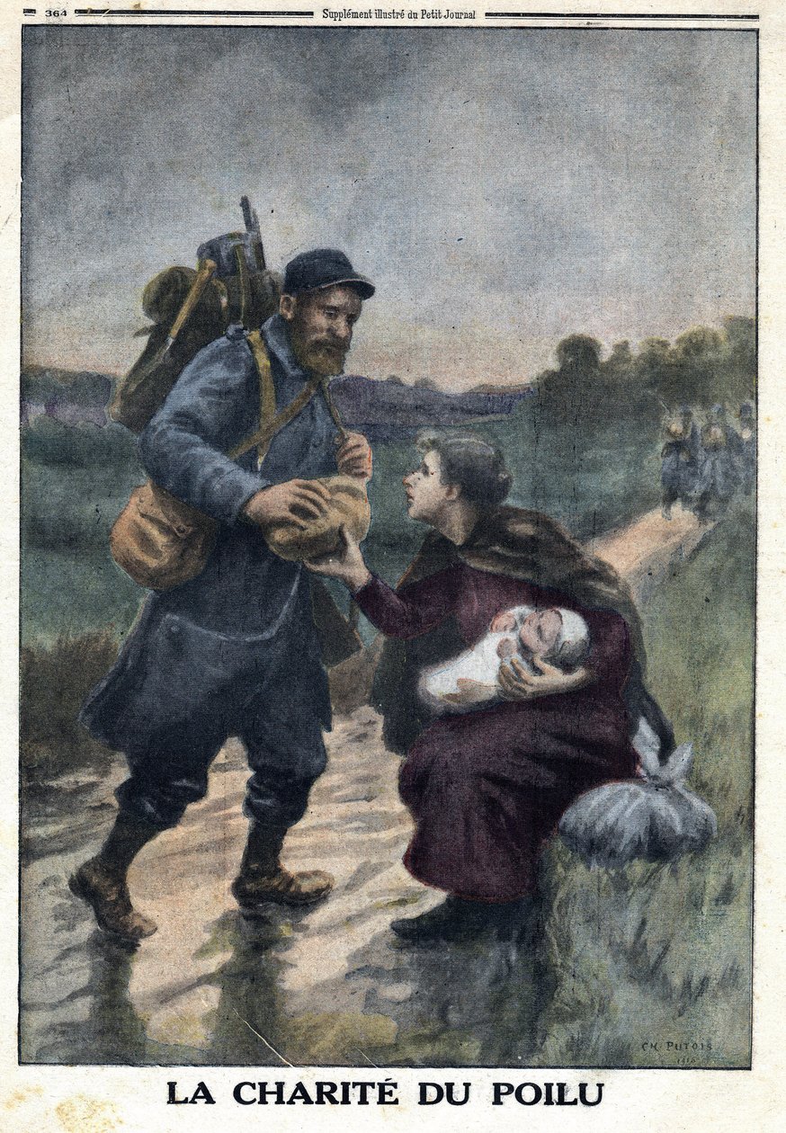 Primeira Guerra Mundial 1914-1918 (Guerra 14-18). A carruagem dos peludos: um soldado francês num caminho pára para oferecer pão a uma mulher sozinha com o seu bebé. No "Le Petite Journal", em 9/01/1916. Coleção Particular de Anonymous Anonymous