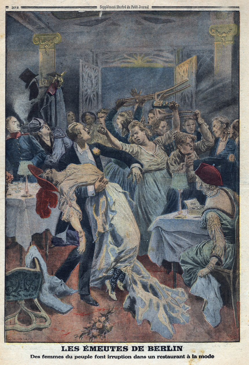 Primeira Guerra Mundial 1914-1918 (Guerra 14-18). As mulheres do povo invadem um restaurante de moda e exigem o retorno de seus maridos. No "Le Petite Journal", em 16/01/1916. Coleção Particular de Anonymous Anonymous