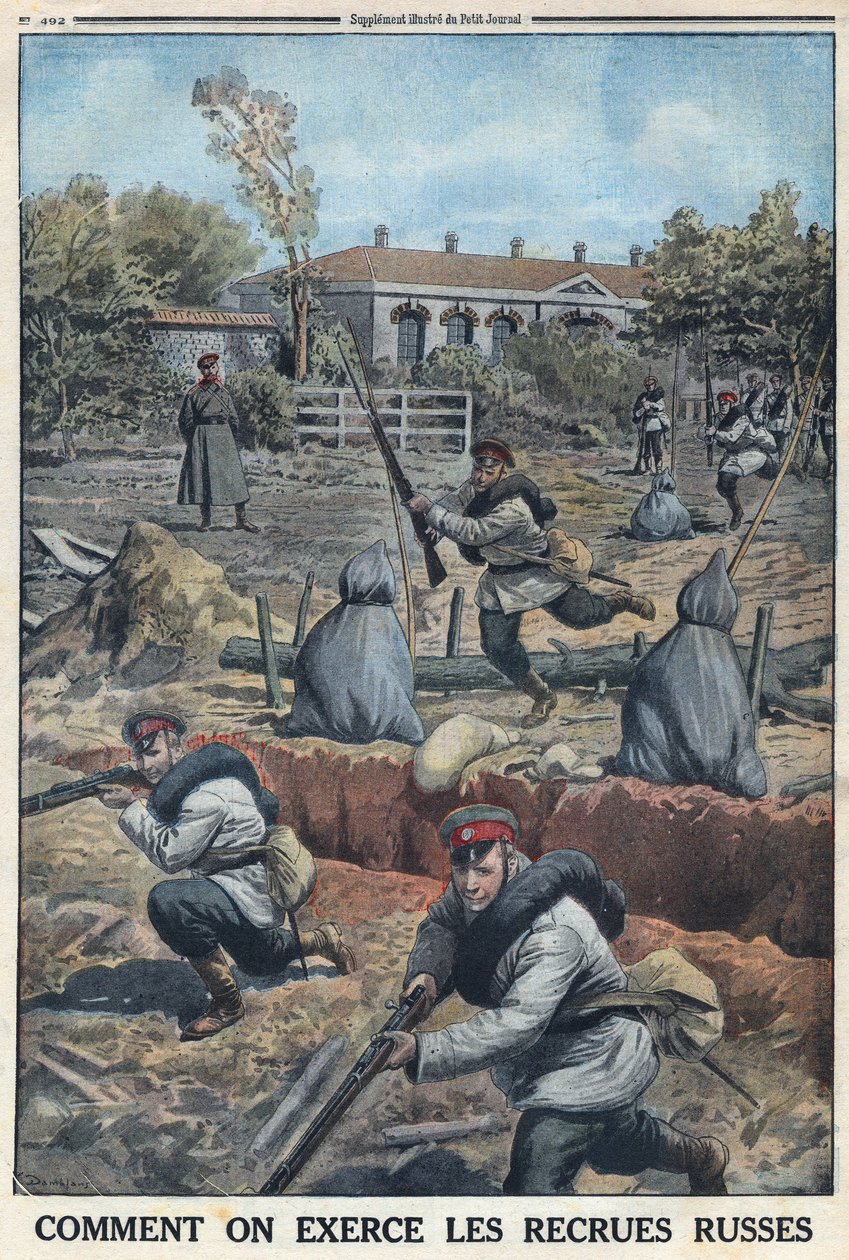 Primeira Guerra Mundial 1914-1918 (Guerra 14-18). Treinamento de jovens soldados recrutados pelo exército russo. No "Le Petite Journal", em 30/04/1916. Coleção Privada de Anonymous Anonymous