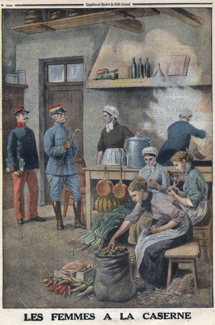 Primeira Guerra Mundial 1914-1918 (Guerra 14-18). Mulheres preparando comida nas cozinhas do quartel. Três chefs no corvee da batata, descascam as batatas. No "Le Petite Journal", em 7/05/1916. Coleção Particular de Anonymous Anonymous