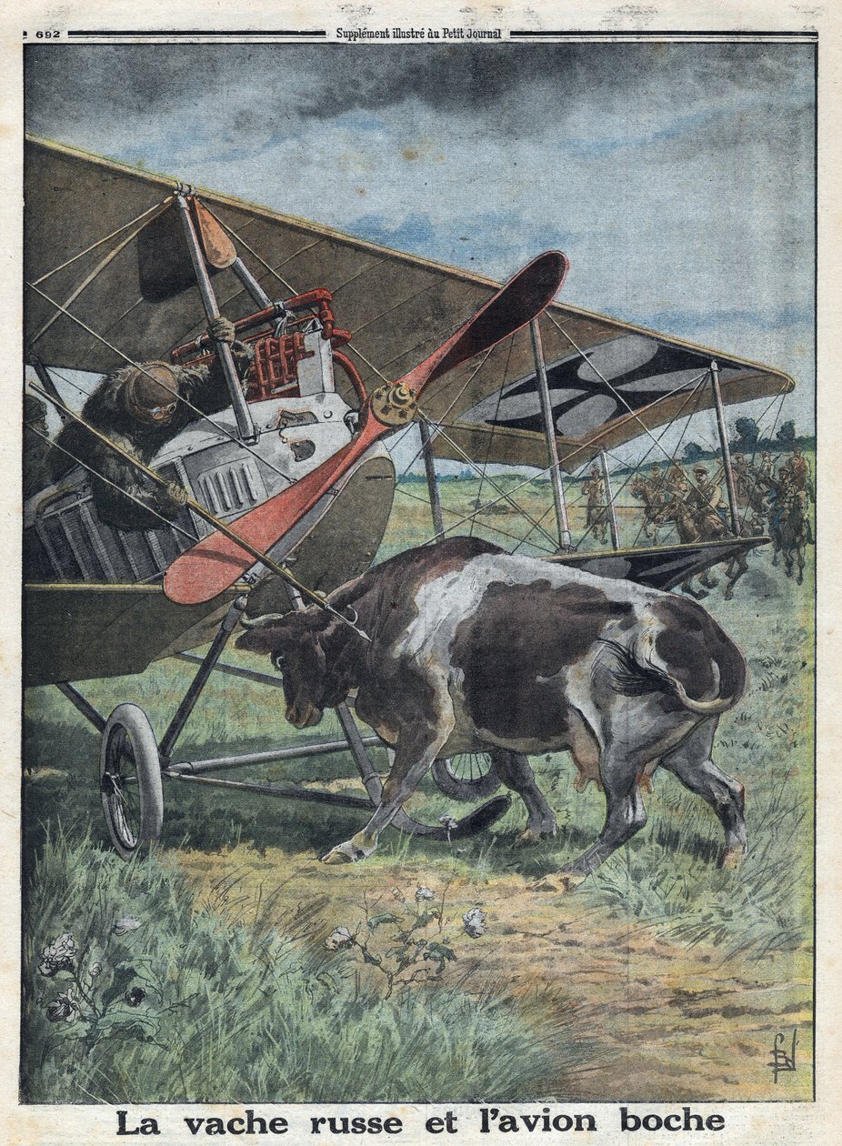 Primeira Guerra Mundial 1914-1918 (Guerra 14-18). vaca na Rússia impedindo uma aeronave do exército alemão de declinar. No "Le Petite Journal", em 22/10/1916. Coleção Privada de Anonymous Anonymous