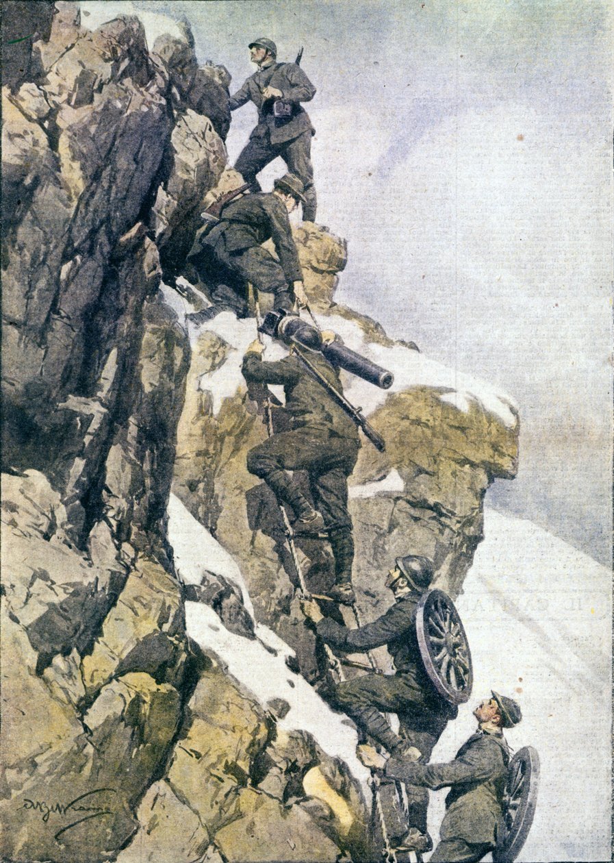 Primeira Guerra Mundial: "Caçadores alpinos italianos (alpino ou alpini) carregando material num cume dos Alpes italianos de Anonymous Anonymous