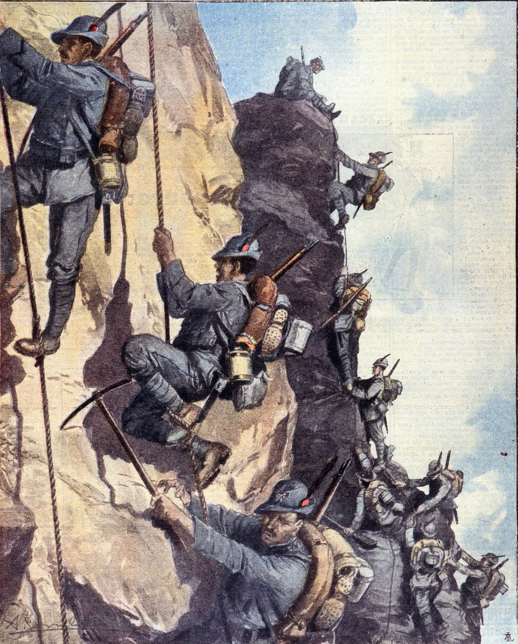 Primeira Guerra Mundial: "Caçadores alpinos italianos (alpino ou alpini) escalando um muro nos Alpes italianos de Anonymous Anonymous
