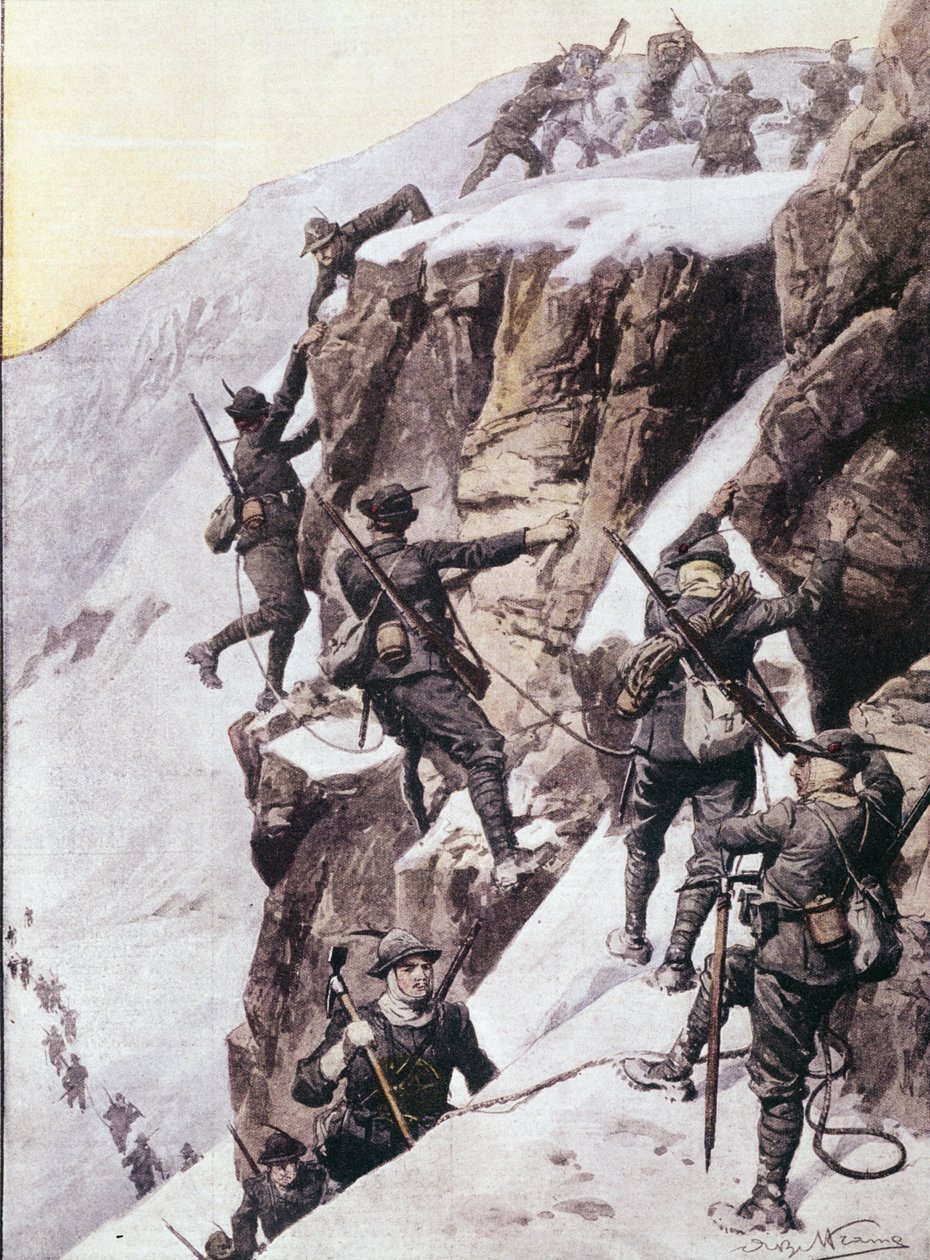 Primeira Guerra Mundial: Caçadores alpinos italianos (alpino ou alpini) escalando o cume do Tuckettspitze (Tuckett-Spitze ou Tuckett peak), Alpes por volta de 1915 Ilustração de "La domenica del corriere de Anonymous Anonymous