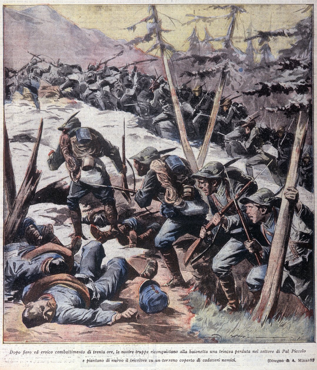Primeira Guerra Mundial: "Caçadores alpinos italianos (alpinos ou alpinistas) levam de volta dos inimigos o Pal Piccolo, alpes italianos" 1916 Ilustração de "La domenica del corriere" de Anonymous Anonymous