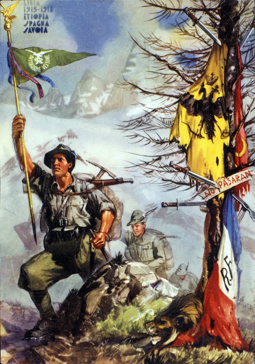 Primeira Guerra Mundial: "Cartaz comemorativo do Batalhão de Caçadores de Pedras dos Alpes Italianos (Alpino ou Alpini), 6º Regimento de Anonymous Anonymous
