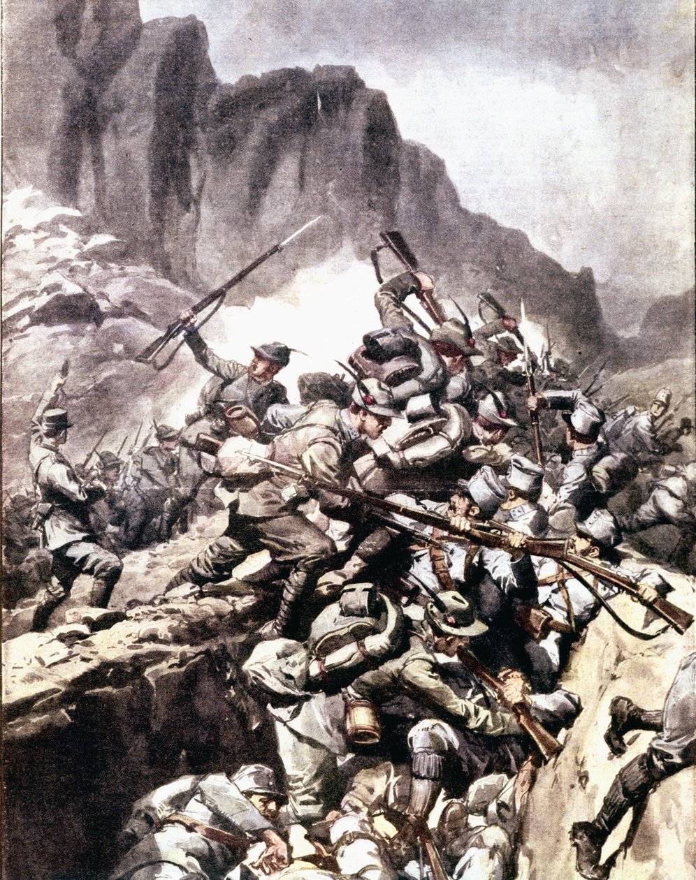 Primeira Guerra Mundial: "confrontos entre caçadores alpinos italianos (alpinos ou alpinos) e soldados do exército austro-húngaro no Val d