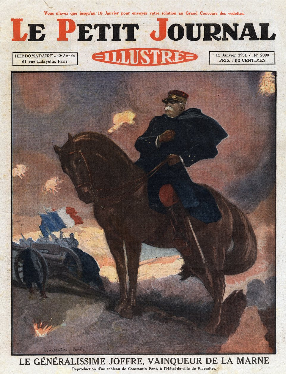 Primeira Guerra Mundial: retrato do General Joseph Joffre (1852-1931) a cavalo, representando como vencedor no campo de batalha de La Marne (Setembro de 1914)" Ilustração de uma pintura de Constantino Font. Gravura de "Le petit journal illustrious" de 1931 de Anonymous Anonymous
