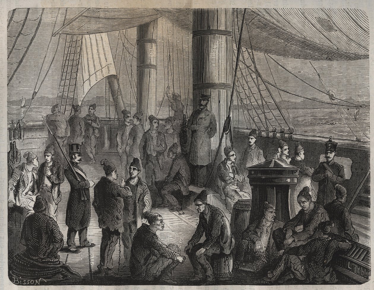 Primeiro comboio de forças de Toulon para Caiena (Guiana) sob o Decreto de 8 de Dezembro de 1851. Gravação em "Histoire des bagnes depuis leur création à nos jours" (1877) por Pierre Zaccone (1817-1895) (Colonia Penale - colônia penal). Coleção particular. de Anonymous Anonymous