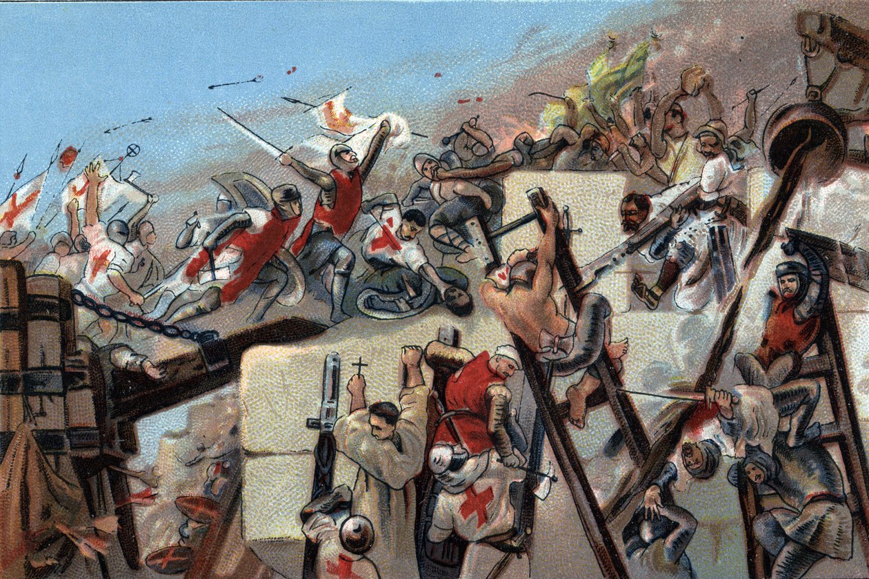 Primeira cruzada (1096-1099): a captura de Jerusalém pelos crois liderados por Godefroy (Godefroi) de Bouillon (1061-1100) em 15 de julho de 1099. Cromolitografia publicitária dos chocolates Antoine em Bruxelas, no início do século XX. Coleção Particular de Anonymous Anonymous