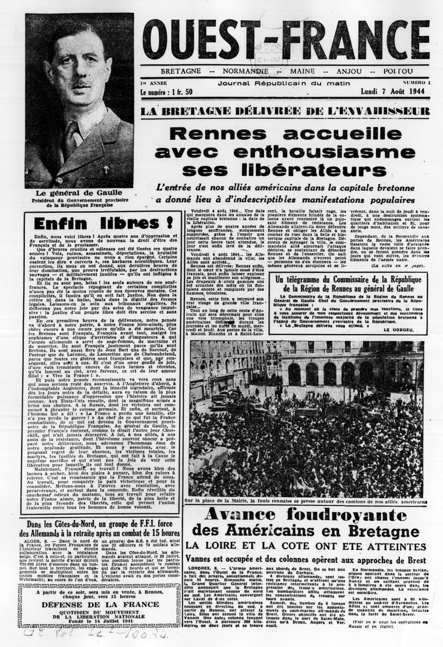 Primeira edição da França Ocidental a partir de 7 de Agosto de 1944: La La La Liberation na França Ocidental e General de Gaulle - fotografia, B.N. de Anonymous Anonymous