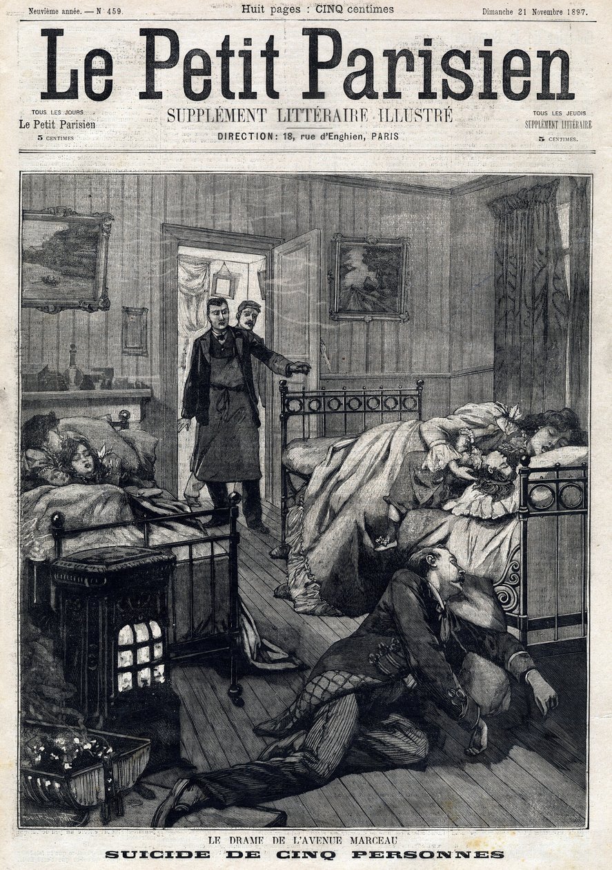 Cinco suicídios na Avenida Marceau, em Paris. No "Le Peute Parisien" em 21/11/1897. Coleção Privada de Anonymous Anonymous