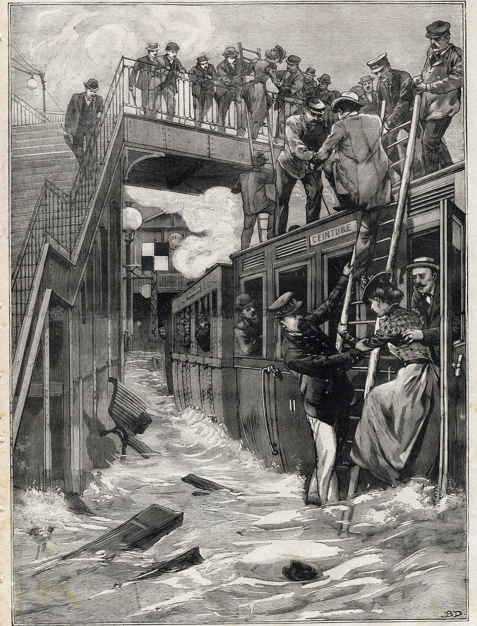 Inundação da Gare de la Chapelle na linha da pequena cintura em Paris. Gravura. Em "Le Petite Parisien". de Anonymous Anonymous