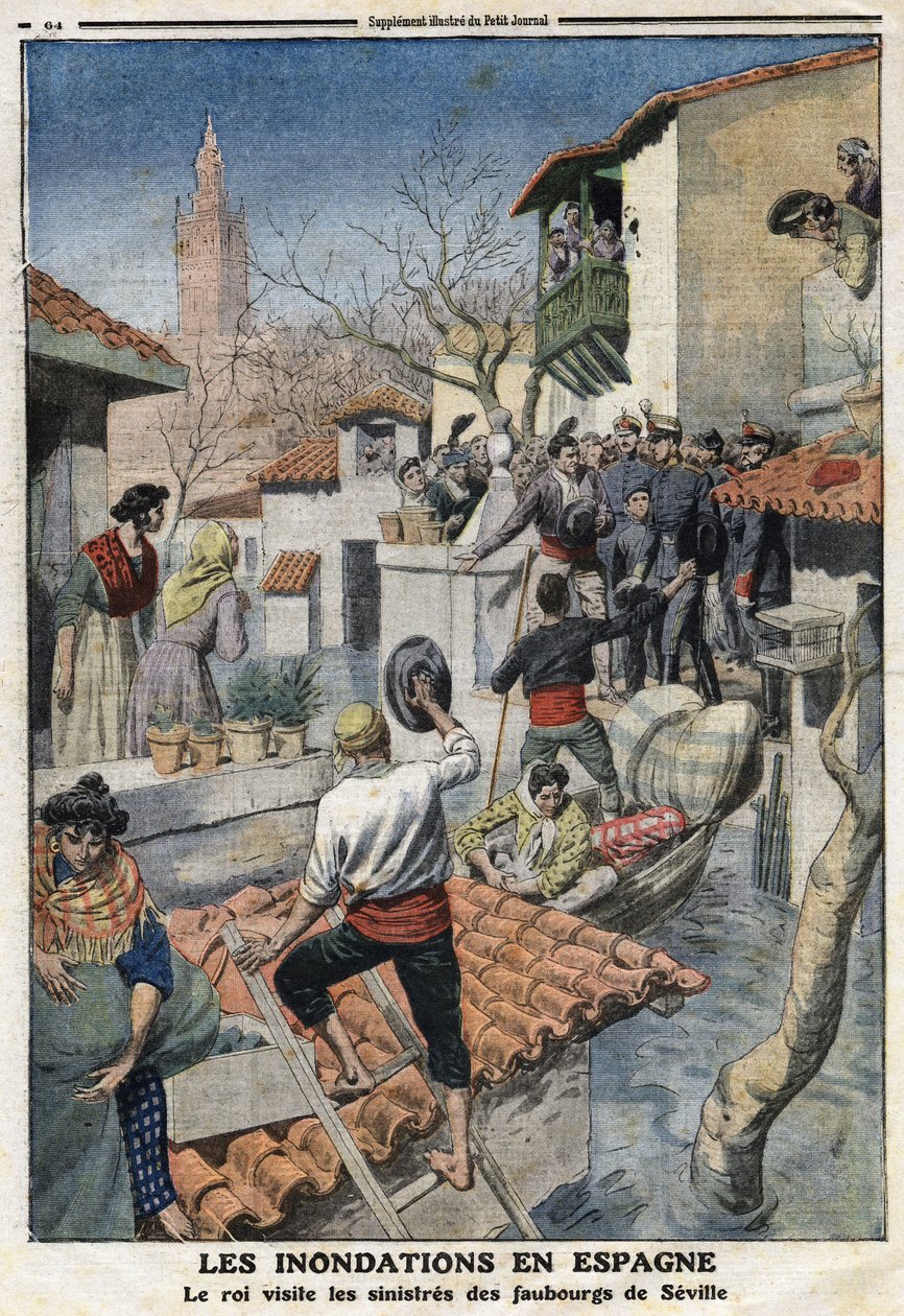Inundações em Espanha: O Rei Afonso XIII (1886-1941) visita os sinistros subúrbios de Sevilha. Gravura no "Le Petite Journal", em 25/02/1912. Coleção privada. de Anonymous Anonymous