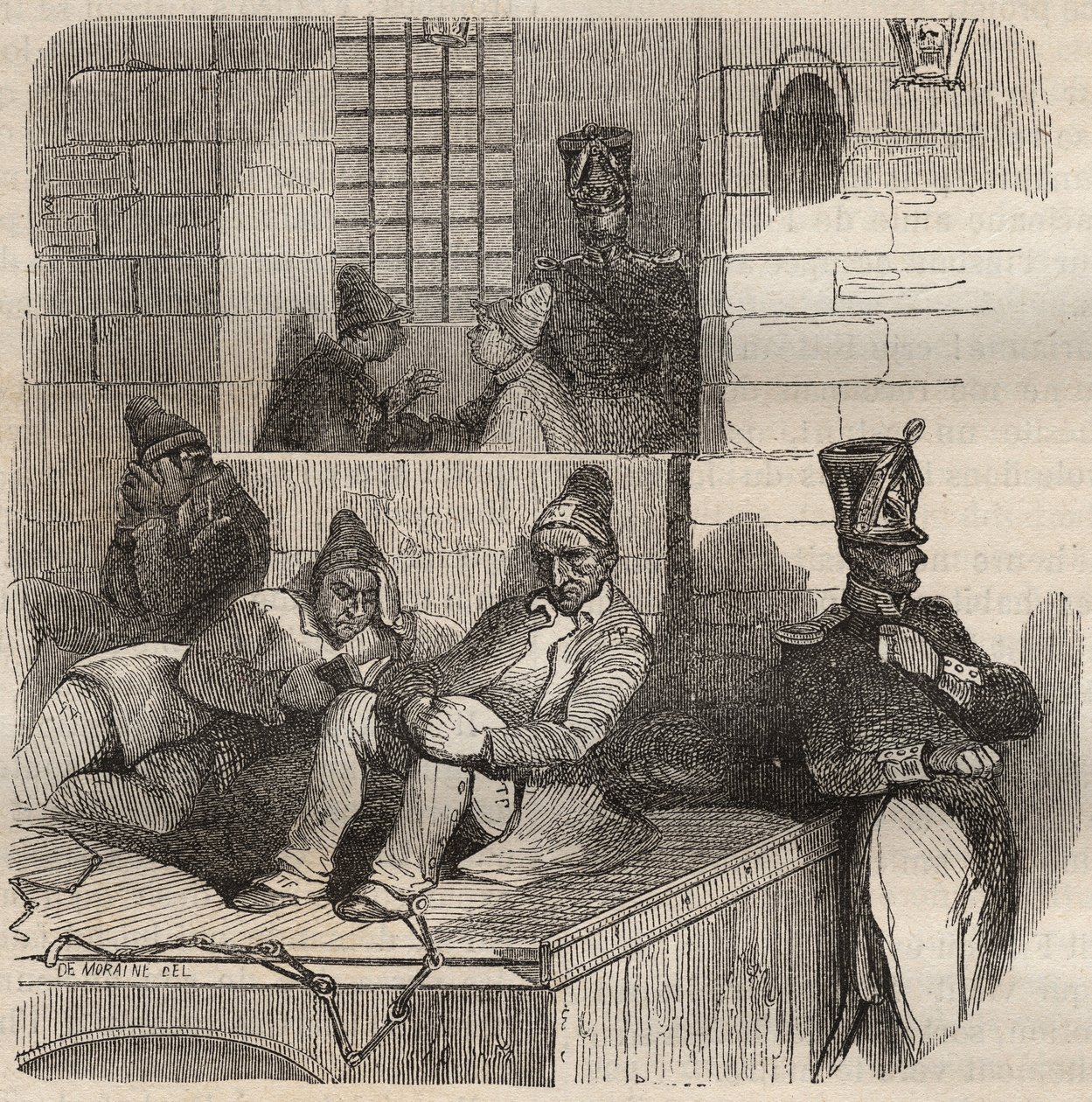Forcat para descansar no Rochefort Bagne no século XIX. Gravação em "Histoire des bagnes depuis leur création à nos jours" (1877) por Pierre Zaccone (1817-1895) (Colonia Penale - colônia penal) de Anonymous Anonymous