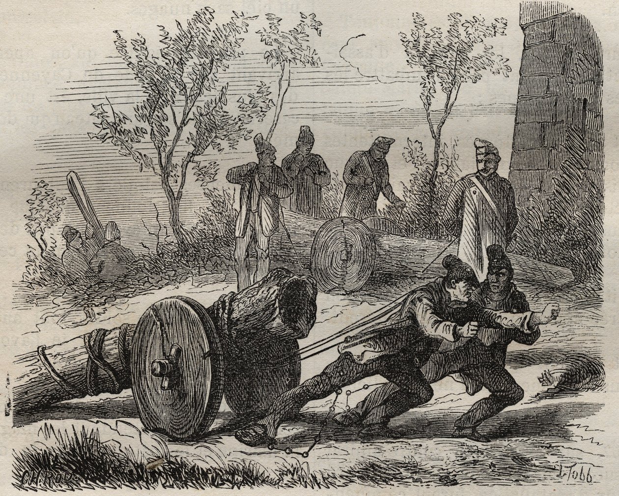 Forcats bucherons no Toulon Bagne, no século XIX. Gravura em "Histoire des bagnes depuis leur création à nos jours" (1877) de Pierre Zaccone (1817-1895) (Colonia Penale - colônia penal). Coleção particular. de Anonymous Anonymous
