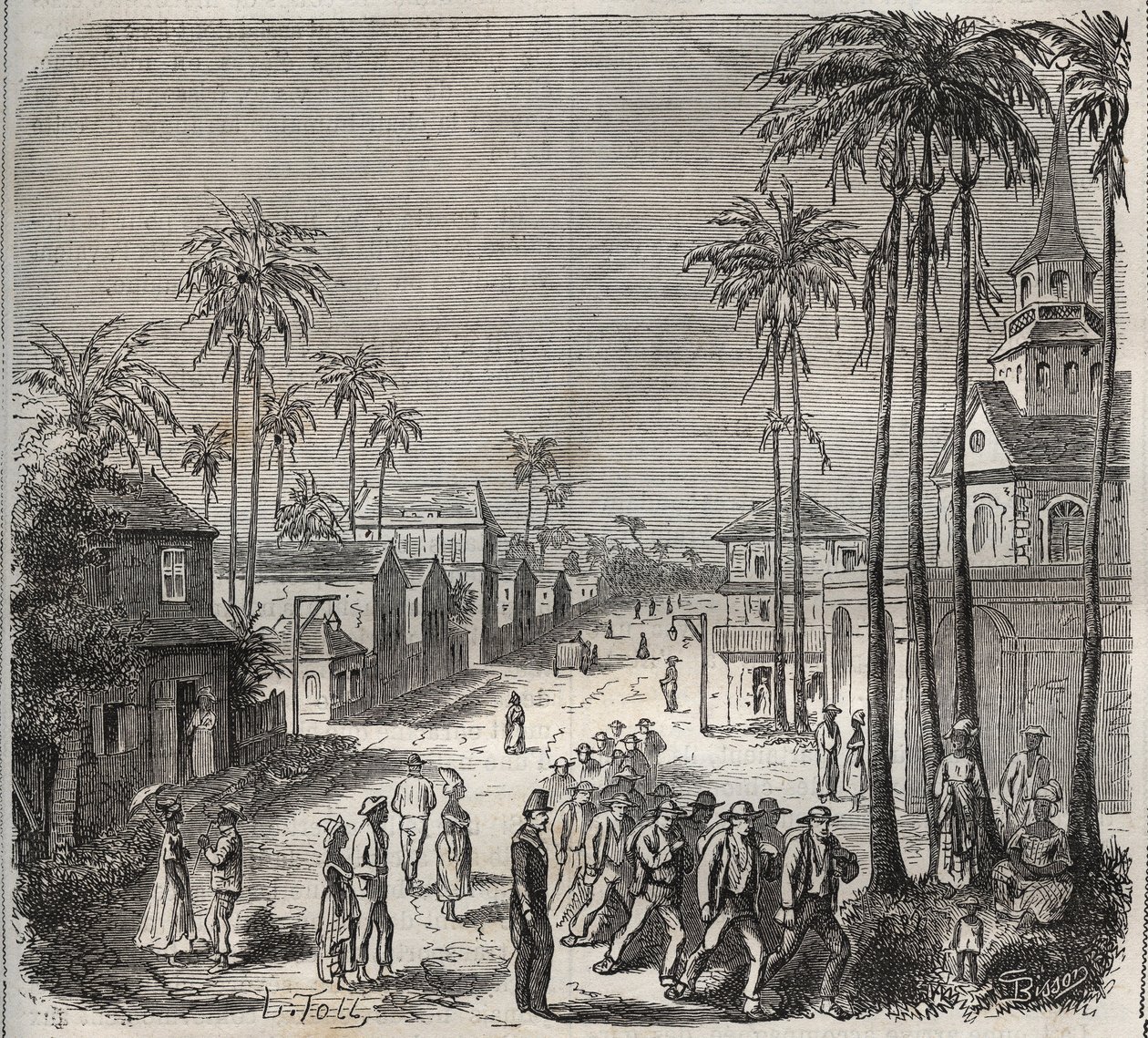 Forcats indo trabalhar no penitenciário Saint-Laurent (Saint-Laurent) em Cayenne (Guiana Francesa) no século XIX. Gravação em "Histoire des bagnes depuis leur création à nos jours" (1877) por Pierre Zaccone (1817-1895) (Colonia Penale - colônia penal) de Anonymous Anonymous
