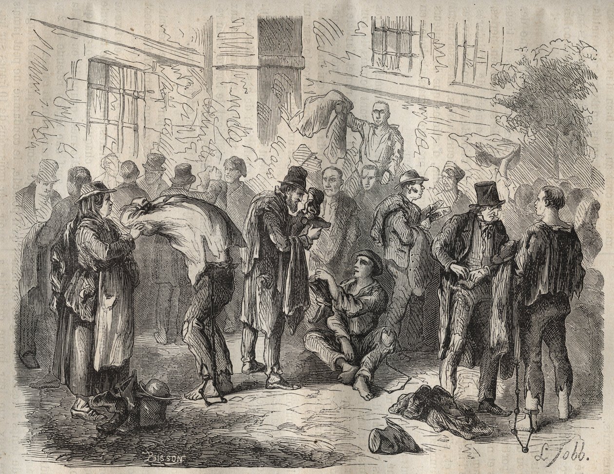 Forcats vendendo seus pertences antes de entrar no Toulon Bagne, no século XIX. Gravura em "Histoire des bagnes depuis leur création à nos jours" (1877) de Pierre Zaccone (1817-1895) (Colonia Penale - colônia penal). Coleção particular. de Anonymous Anonymous