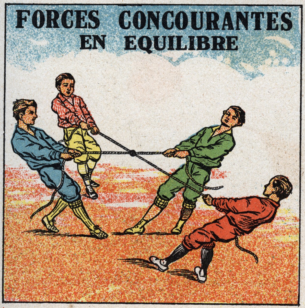 Forças: forças concorrentes em equilíbrio. Crianças puxando em um anel, cada uma por uma corda de seu lado, enquanto se mantêm em equilíbrio. Ilustração anónima de 1925. Coleção privada. de Anonymous Anonymous