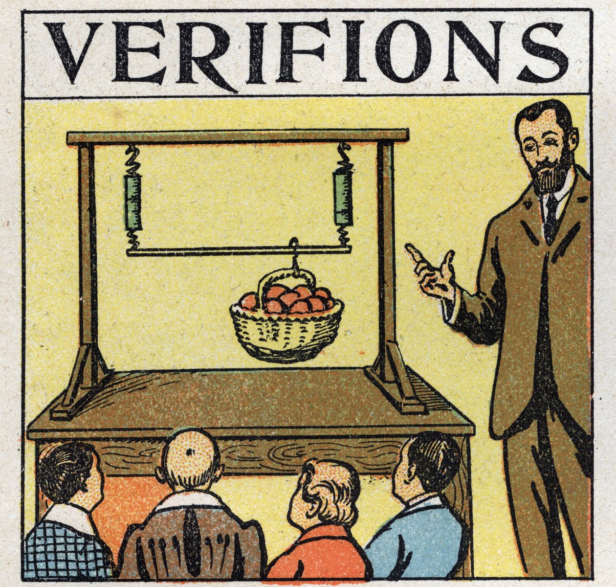Forças: forças paralelas. Cesto de maçãs levantadas com um poste segurado por duas molas. Ilustração anónima de 1925. Colecção privada. de Anonymous Anonymous