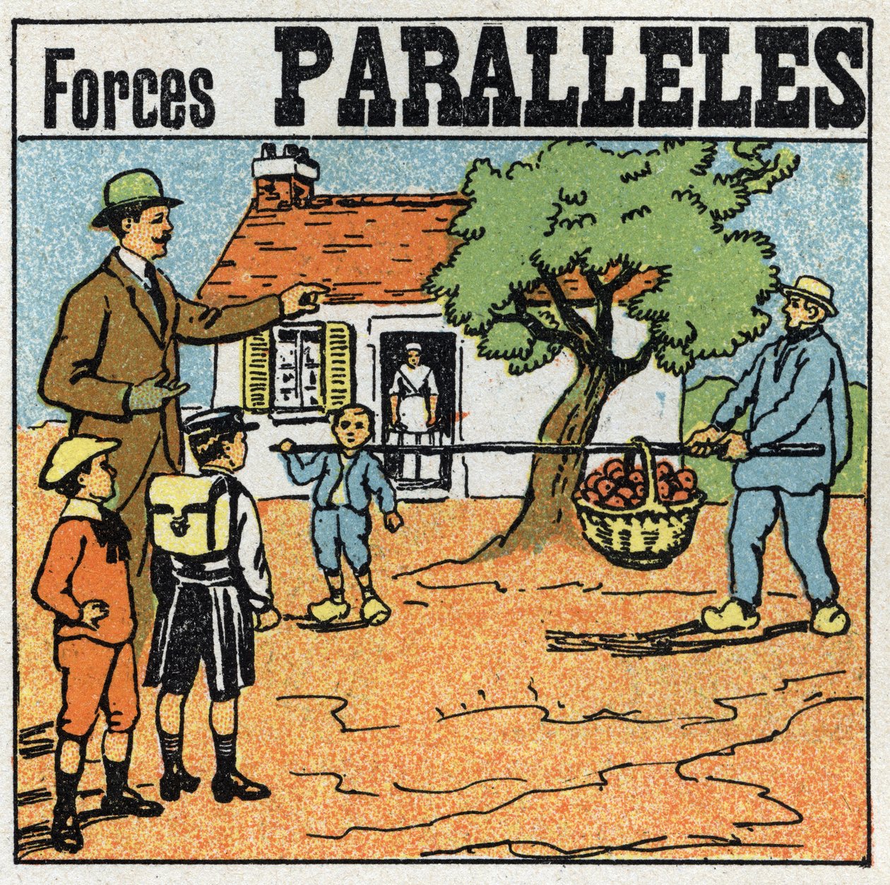 Forças: forças paralelas. Cesto de maçãs levantadas com um poste por dois homens de forças diferentes. Ilustração anónima de 1925. Colecção privada. de Anonymous Anonymous