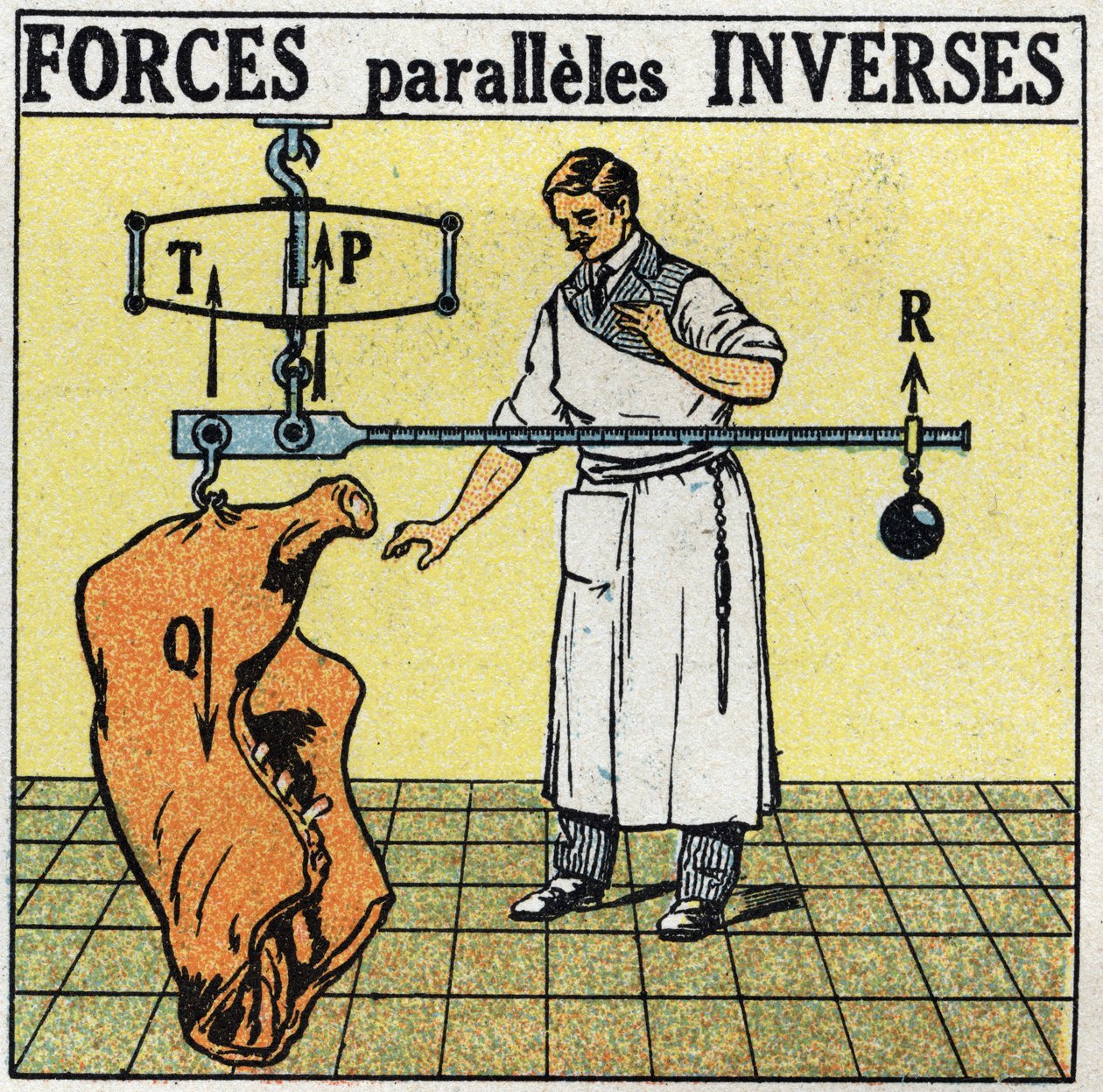 Forças: inverter forças paralelas. Um açougueiro que pesa uma carcaça de carne com uma balança romana. Ilustração anónima de 1925. Colecção privada. de Anonymous Anonymous