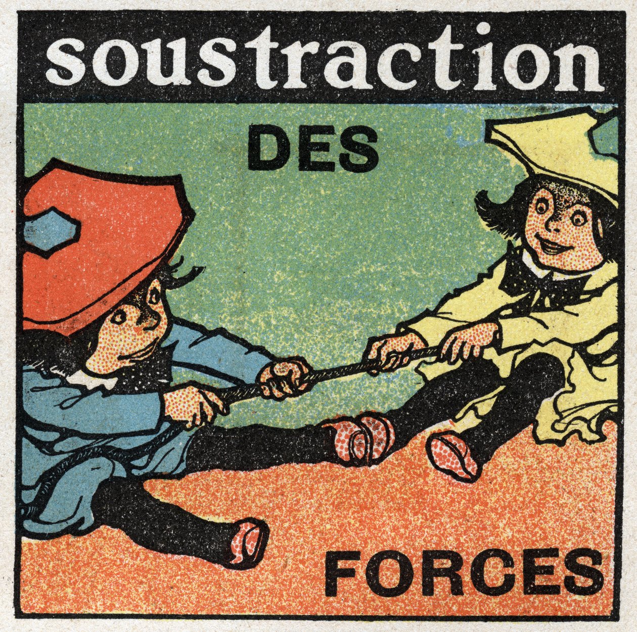 Forças: subtracção de forças. Dois miúdos a puxar uma corda. Ilustração anónima de 1925. Coleção privada. de Anonymous Anonymous