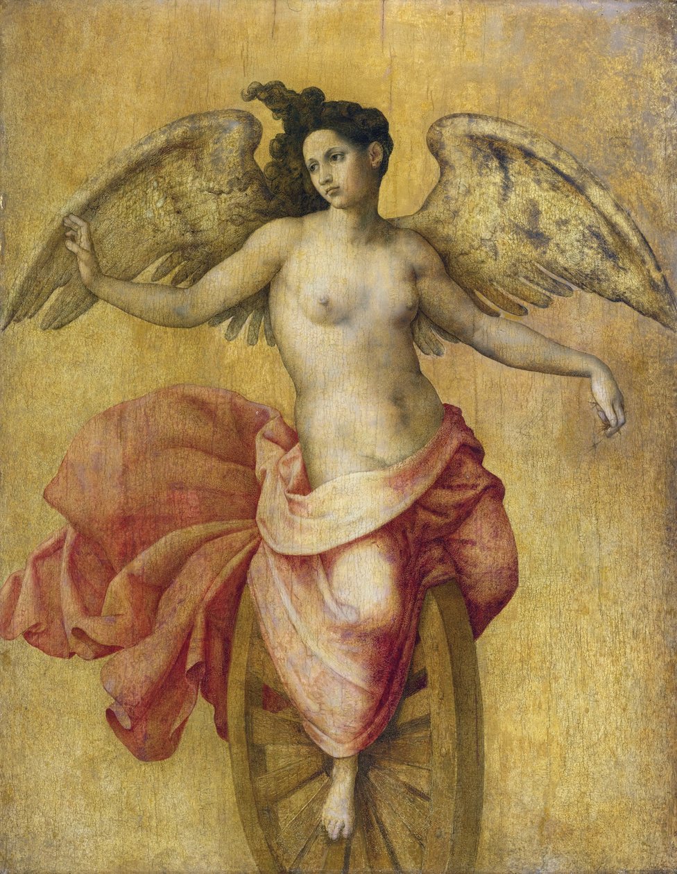 Fortune sur une roue - Fortuna sobre uma roda, Anónimo. Óleo sobre madeira, tamanho : 78,7x61, c. 1550, Colecção Privada de Anonymous Anonymous