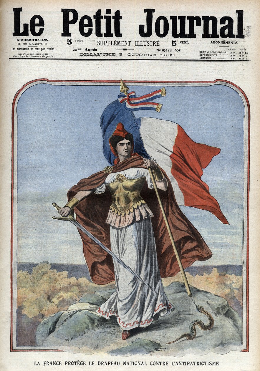 França (Marianne) protege a bandeira nacional contra o anti-patriotismo - "Le Petity Journal" de outubro de 1909 de Anonymous Anonymous