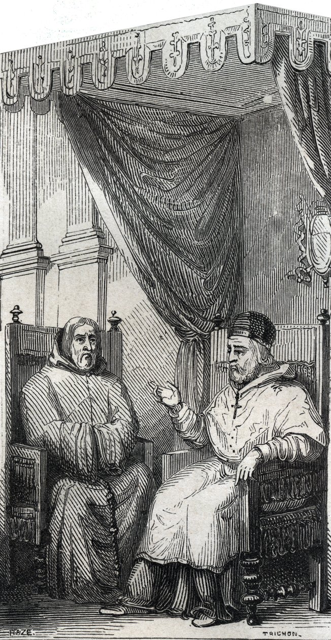 Francisco de Paula, fundador da Ordem Católica Romana dos Mínimos e Papa Sisto IV - São Francisco de Paule (Francesco di Paola) (1416-1507), fundador da Ordem de Mínimos com o Papa Sisto IV - Gravura de 1846 em "Vidas dos Santos". Coleta privada de Anonymous Anonymous