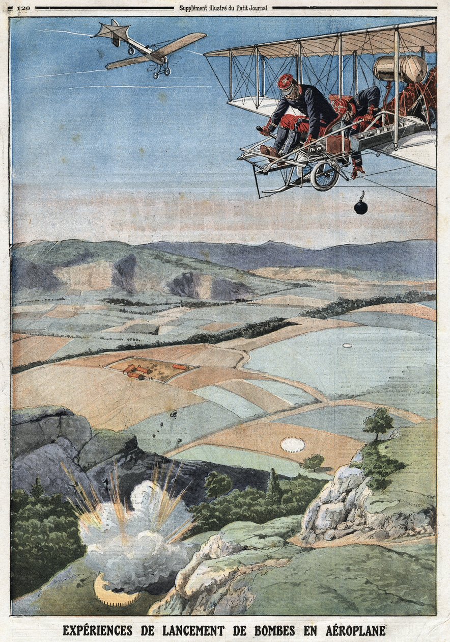 French Armee: "Aeroplane Bombing Experiences" (Experiências de lançamento de bombas de avião). Gravação no "Le Petité Journal", em 14/04/1912. Coleção particular. de Anonymous Anonymous