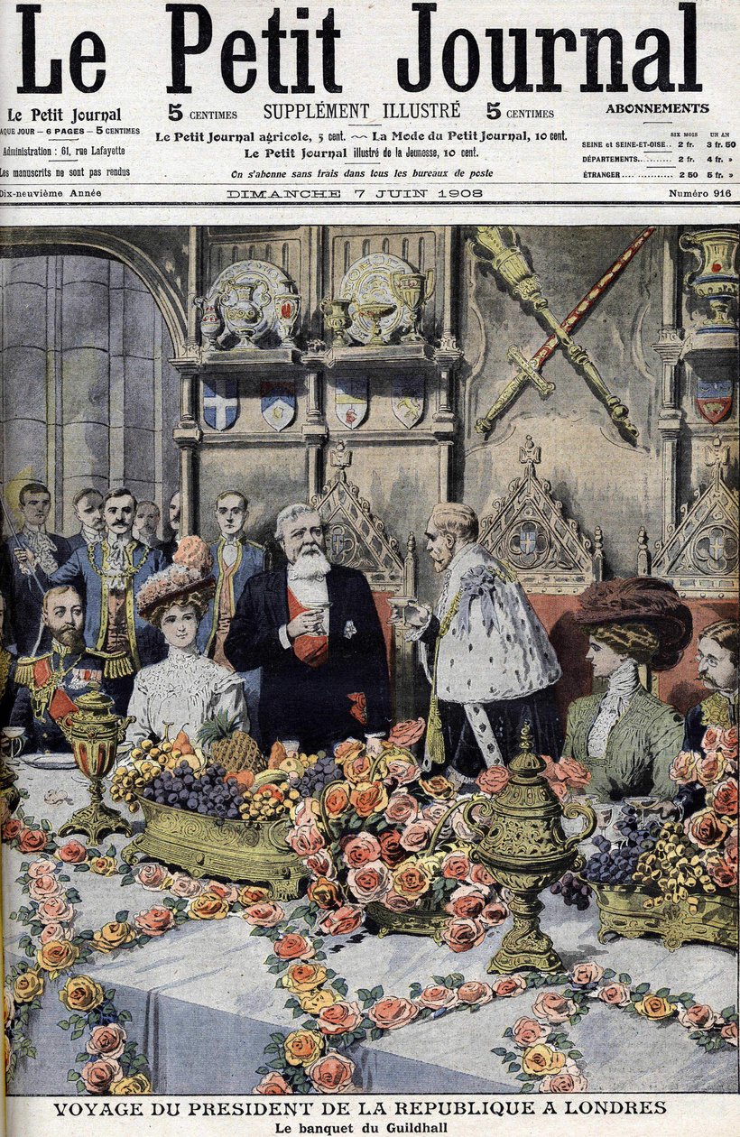 O Presidente francês Armand Fallières (1841-1931), recebido em Londres pelo Senhor Prefeito, em um banquete no Guildhall. Le petit Journal, junho de 1908 (gravura) de Anonymous Anonymous