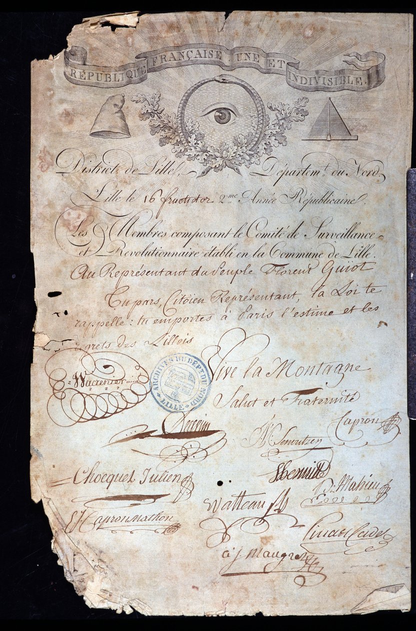 Revolução Francesa: atestado de cidadania de Guiot de Saint-Florent (Saint Florent) dit Florent-Guiot (ou Florent-Guyot) (1735-1834), revolucionário e representante do povo, pelo Comitê Revolucionário de Lille, de 16 anos II (09/02/1 de Anonymous Anonymous