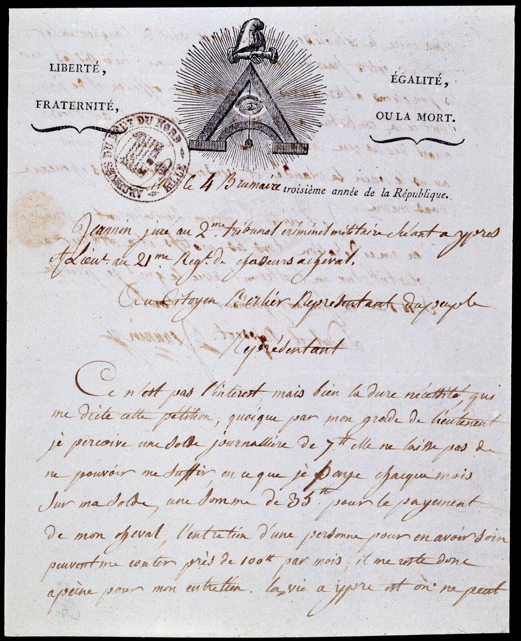 Revolução Francesa: primeira página e cabeçalho de uma carta administrativa militar 4 nevoeiros ano III (25/10/1794) datada de 18 Frimaire ano III (08/12/1794) com a inscrição republicana "Liberte Egalite, Fraternite ou la Mort" e símbolos da Franco-Maconn de Anonymous Anonymous